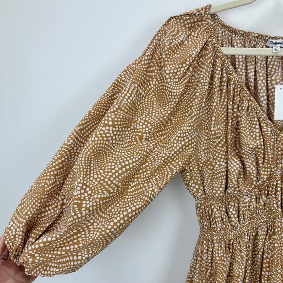 Madewell V Neck Balloon Sleeve Maxi Dress Spiral Dot Tan Smocked Boho US 00 NWT - Picture 13 of 16